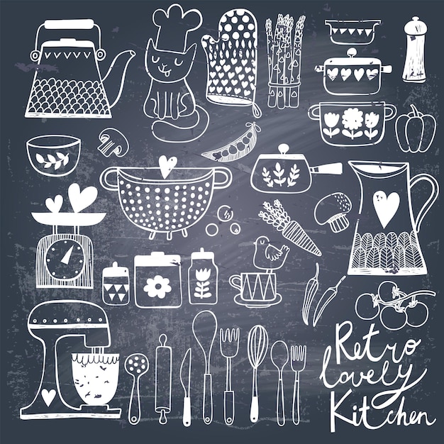 Cocina vintage en vector sobre fondo de pizarra