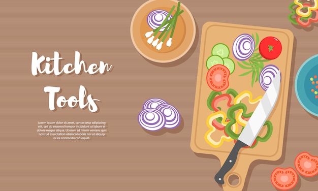 Cocinar alimentos saludables en la cocina. Comida útil en mesa de madera. Alimentación saludable, vegetales. Ilustración de la vista superior del utensilio de cocina, tabla de cortar con cuchillo, platos, platos y diferentes alimentos.