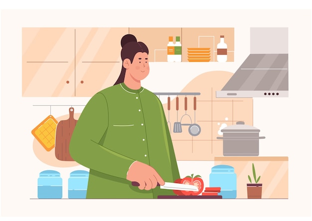 Cocinar en la cocina amor para cocinar de mujer joven chef sosteniendo un cuchillo para cortar verduras