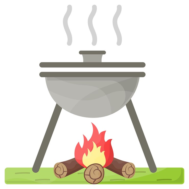 Vector cocinar comida en el concepto de la jungla hacer barbacoa en la cima de la montaña diseño vectorial camping y al aire libre