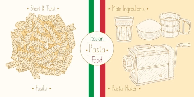 Cocinar comida italiana en forma de pasta fusilli, ingredientes y equipo