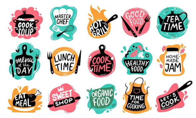 Cocinar comida letras. Logotipos de insignias de cocina, tipografía de alimentos para hornear y conjunto de etiquetas de cocina