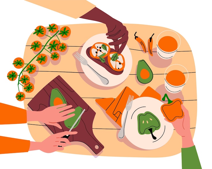 Vector cocinar comida vista superior manos con aguacate y huevos sándwiches con verduras mañana tradicional