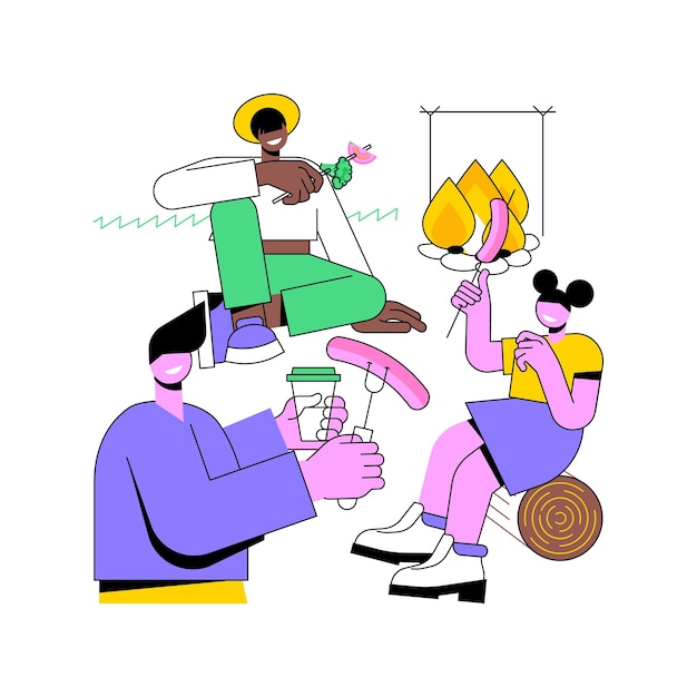 Cocinar en un fuego abierto ilustraciones vectoriales de dibujos animados aislados Grupo de amigos hacen barbacoa en fuego abierto gente estilo de vida viajan juntos tiempo de ocio hablando y divirtiéndose dibuyos animados vectoriales