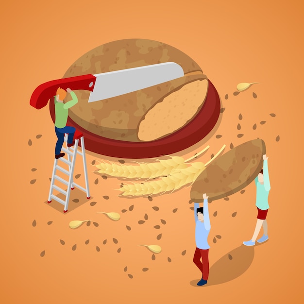 Cocinar pan con gente en miniatura. vector ilustración isométrica 3d plana
