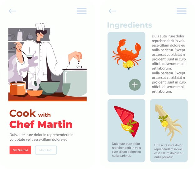 Vector cocine con el chef martin, sitio web con pedido de platos