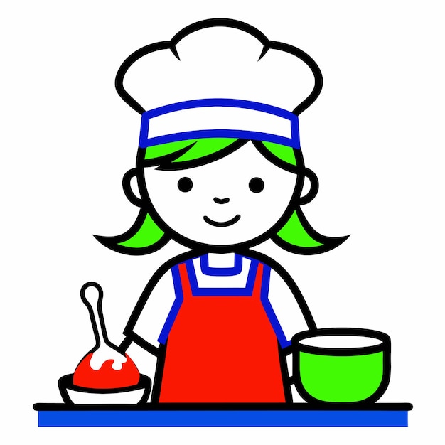 una cocinera con un delantal rojo y un sombrero blanco