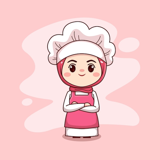 Cocinera musulmana linda y kawaii con diseño de personajes vectoriales chibi de manga de dibujos animados hijab