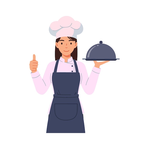 Cocinera con sombrero blanco y delantal oscuro que presenta un plato cubierto con un gesto de pulgar en una alegre ilustración vectorial plana
