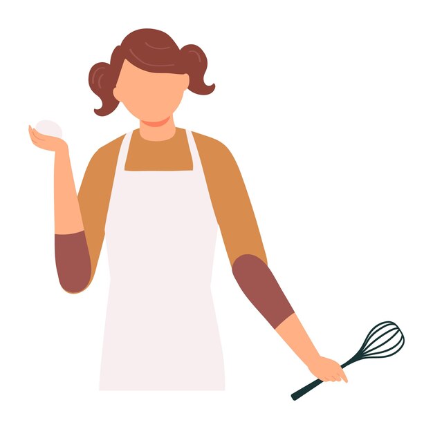 La cocinera sostiene el batidor de huevos preparando la cocina la mujer el delantal cocinando la cocina de horneado la cocinera de dibujos animados