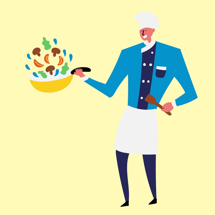 Vector cocinero alegre preparando verduras en una sartén