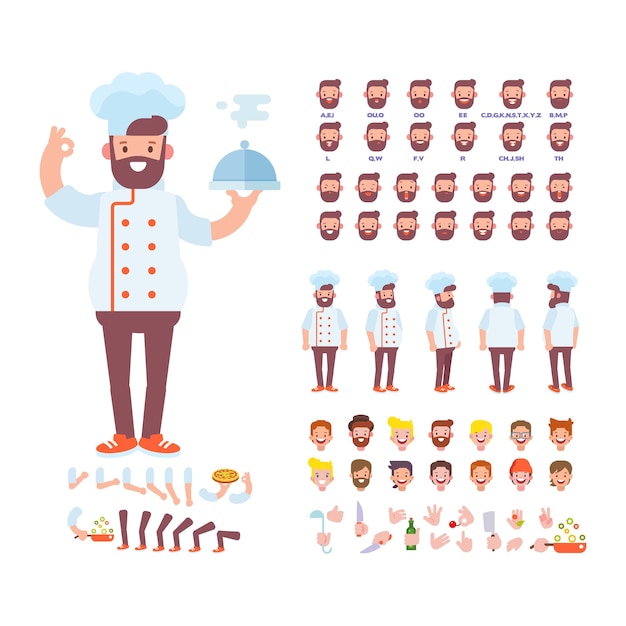 Vector cocinero chef hombre vista frontal trasera carácter vectorial plano para animación