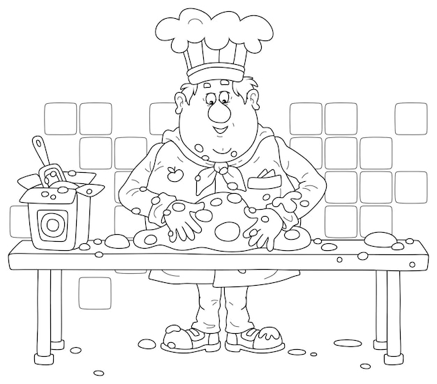 Cocinero gordo divertido en uniforme de pie en la mesa de su cocina y amasando masa para cocinar un pastel sabroso