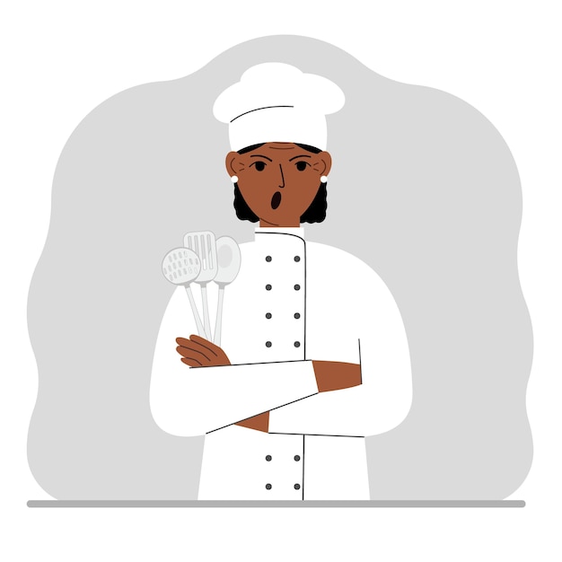 Cocinero gritando tiene un juego de cubiertos de cocina en su mano Profesión