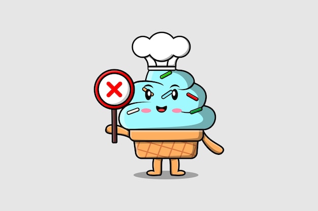 Cocinero de helado de dibujos animados lindo sosteniendo un letrero incorrecto en la ilustración de carácter vectorial