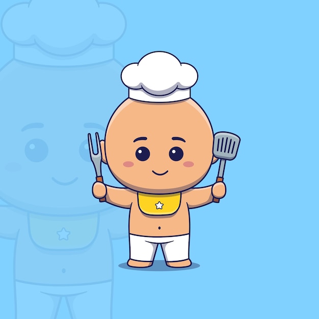 Vector cocinero lindo del bebé que sostiene la espátula y el tenedor de la barbacoa