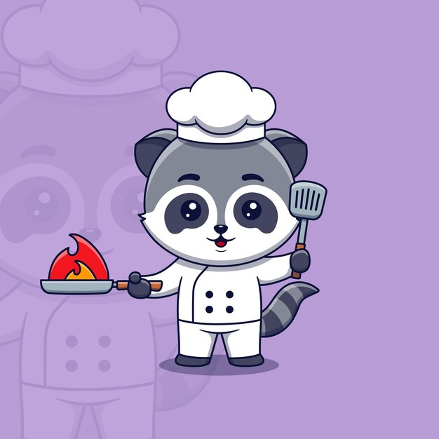 Cocinero lindo del mapache que sostiene la espátula y la sartén ardiente