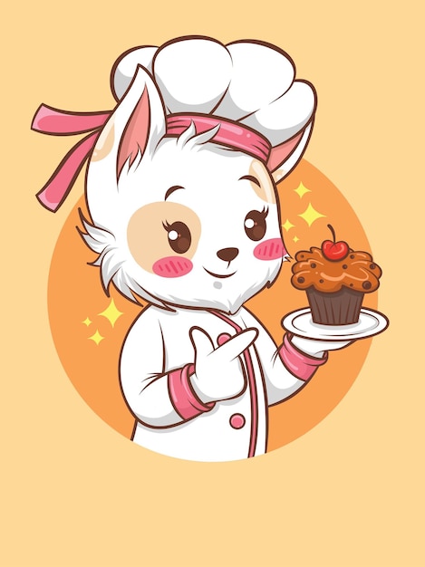 Cocinero lindo de la muchacha de los gatos que sostiene un pastel. concepto de chef de panadería. personaje de dibujos animados e ilustración de mascota.