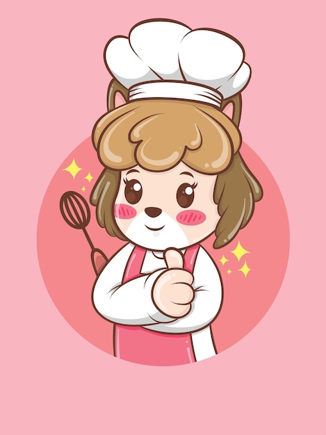 Cocinero lindo del perro femenino que sostiene una batidora de mano. concepto de chef de panadería. personaje de dibujos animados e ilustración de mascota.