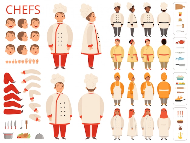 Cocinero nacional. Asiático jefe árabe indio negro partes del cuerpo varias poses y artículos de cocina constructor