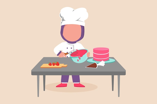 Cocinero de niña feliz con uniforme de chef y haciendo un pastel de cumpleaños en la mesa Concepto de cocina Ilustración vectorial