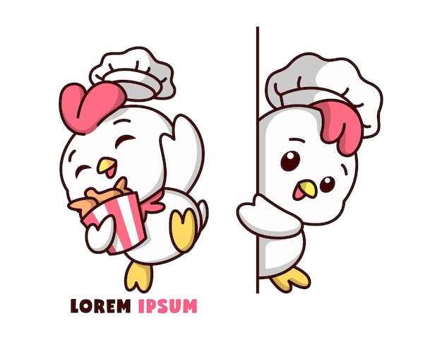 EL COCINERO DE POLLO LINDO EN DOS ACCIONES DIFERENTES ESTÁ LLEVANDO UN CUBO DE POLLO FRITO, LOGO DE MASCOTA