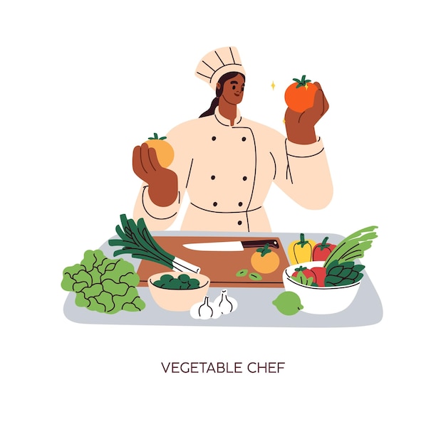 Cocinero preparando verduras para cocinar un plato vegetariano Profesional culinario en la tabla de corte con verduras saludables para ensalada de comida vegana Ilustración vectorial plana aislada sobre fondo blanco