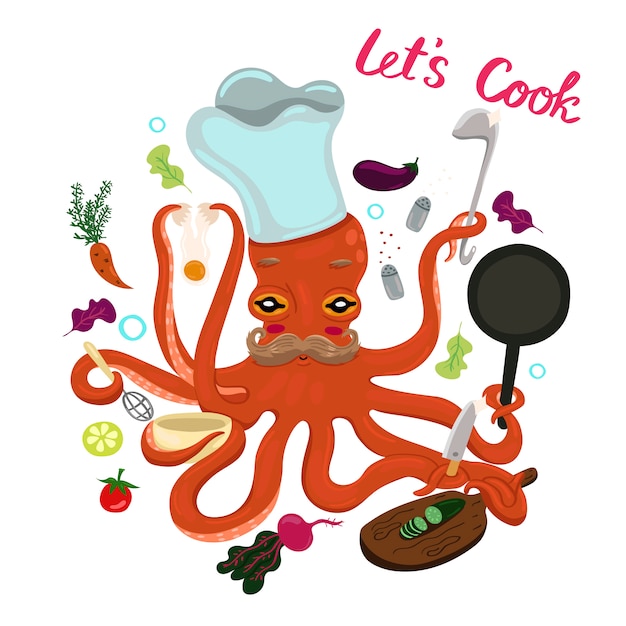 Vector cocinero de pulpo aislar sobre un fondo blanco. letras de vamos a cocinar. gráficos.