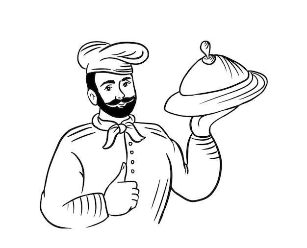 Cocinero sonriente con barba sosteniendo el plato y mostrando los pulgares hacia arriba ilustración vectorial