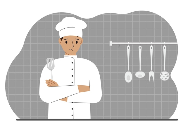 Cocinero triste sostiene una espátula de cocina en su mano Vector