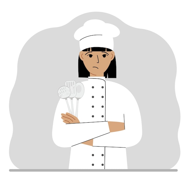 Un cocinero triste sostiene un juego de cubiertos de cocina en su mano Profesión Vector ilustración plana
