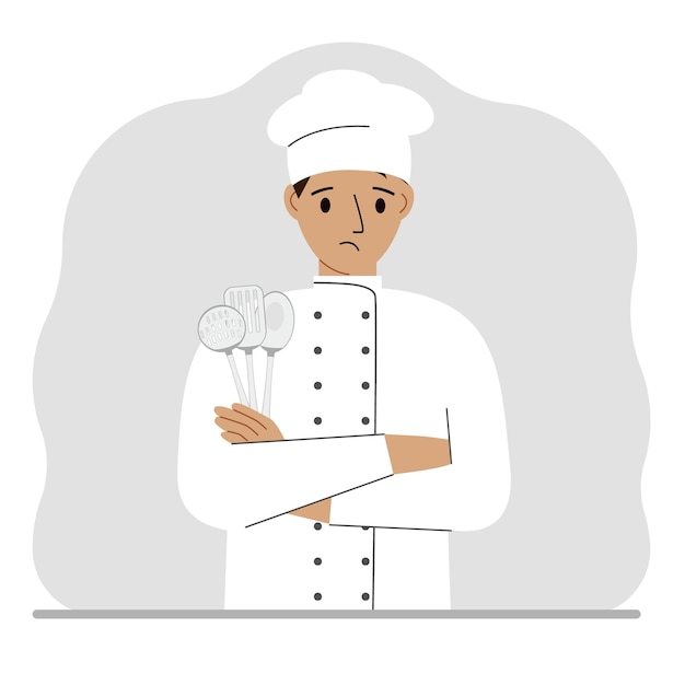 Un cocinero triste sostiene un juego de cubiertos de cocina en su mano Profesión