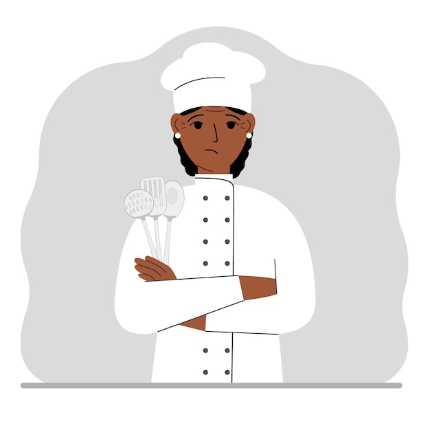 Un cocinero triste sostiene un juego de cubiertos de cocina en su mano Profesión