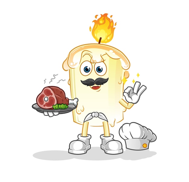 Cocinero de velas con mascota de carne. vector de dibujos animados