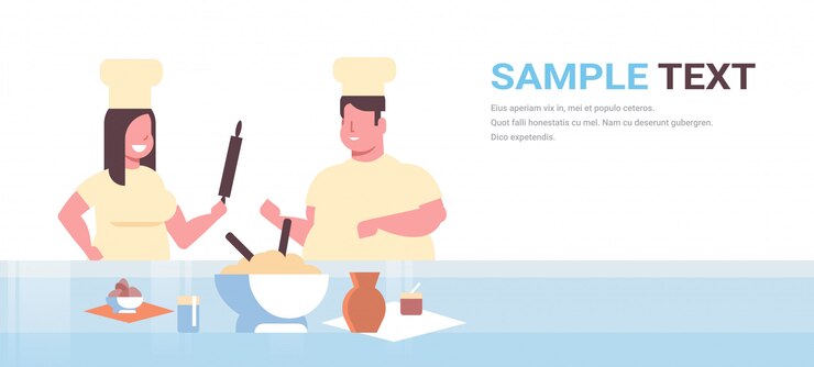 Vector cocineros par preparar comidas sabrosas hombre mujer chefs en uniforme cocinando juntos cocina moderna