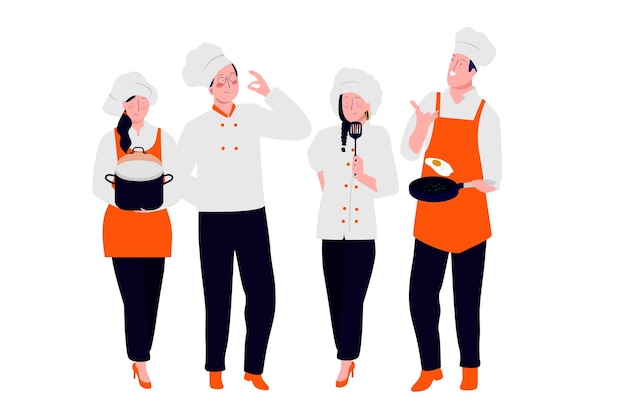 Los cocineros profesionales masculinos y femeninos trabajan juntos cocinando, horneando y sirviendo a los clientes con el concepto moderno de ilustración vectorial plana del chef profesional