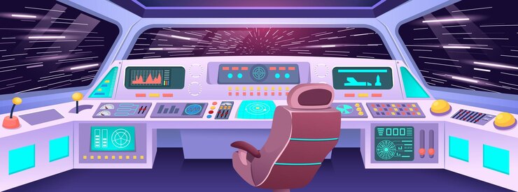 Vector cockpit de nave espacial futurista vista de salto hiper desde la cabina de la estación espacial con asiento de piloto de panel de control de alta tecnología y telón de fondo cósmico ilustración vectorial de viaje interestelar de dibujos animados