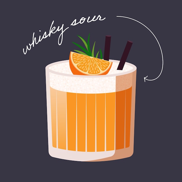 Cocktail agrio de whisky aislado sobre un fondo negro