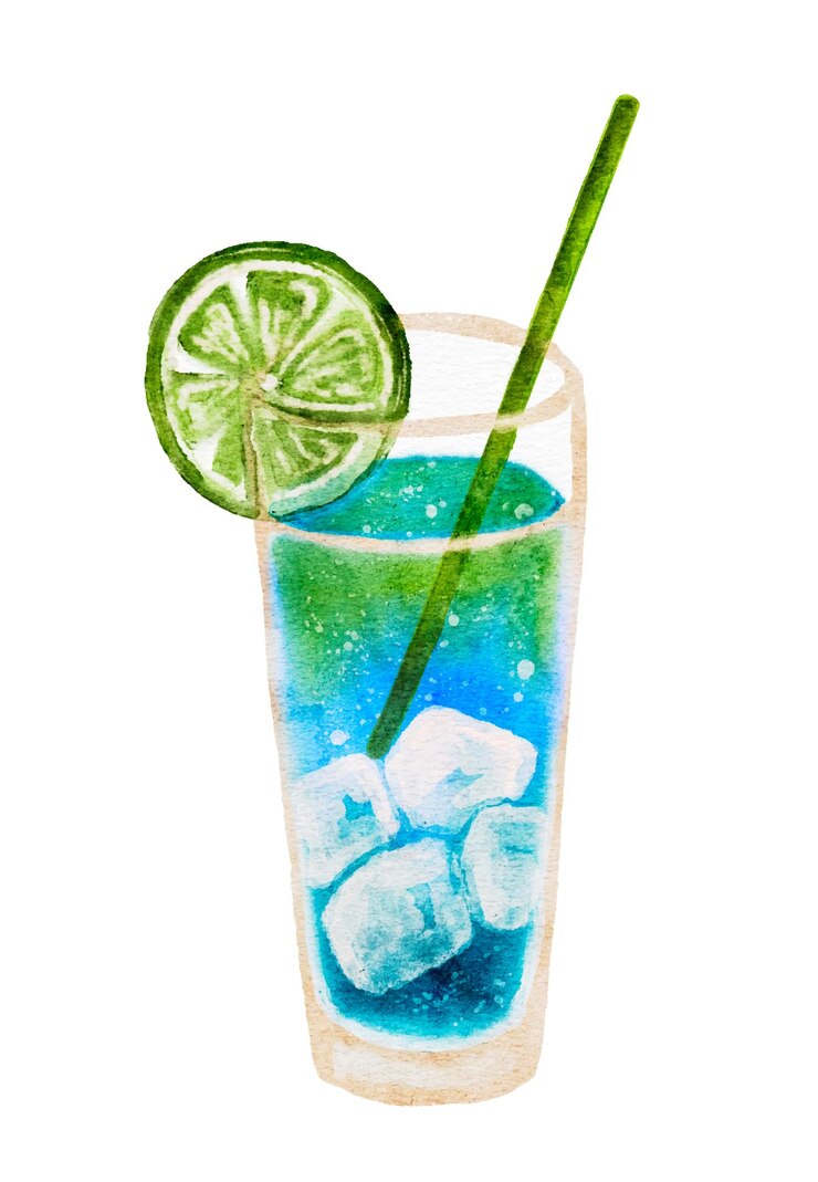 Vector cocktail de bebida de verano de limón azul y verde con hielo y paja imagen de acuarela vectorial