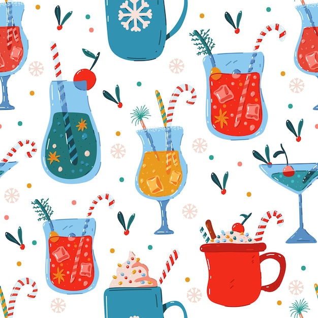 Cocktails de bebidas navideñas de dibujos animados vectoriales de fondo de patrón sin costuras