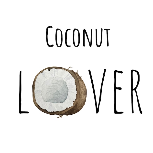 Coco acuarela. Ilustración de medio coco. Fruta exótica asiática.