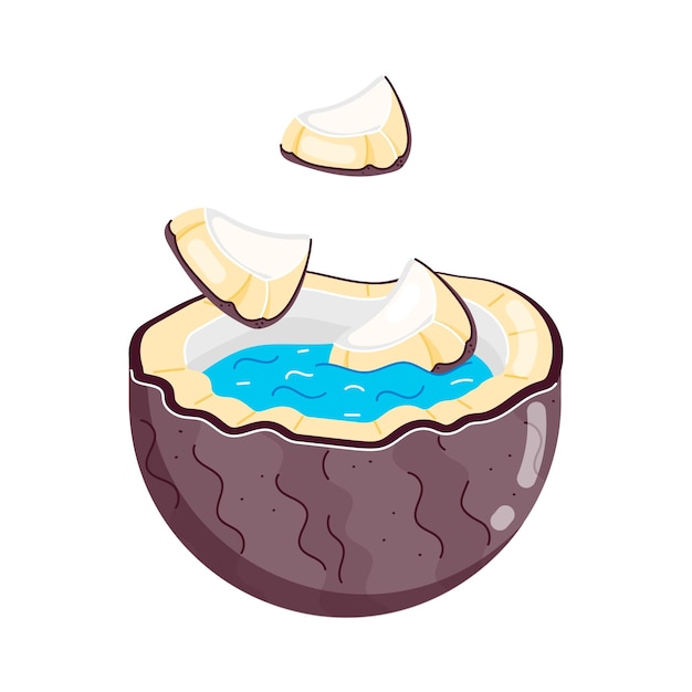 un coco con un barco en él y una media concha con un agua azul en él