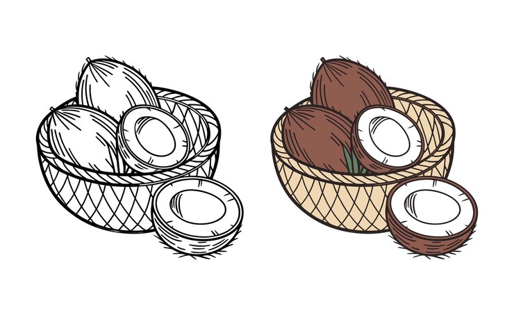 Vector coco en una canasta con la mitad de un coco