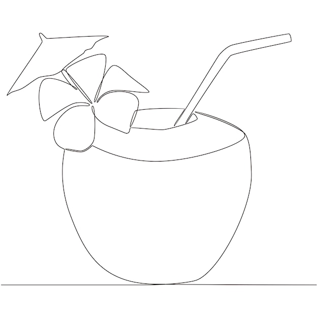 Coco con decoración de flores y paraguas pequeño dibujo de línea continua ilustración vectorial