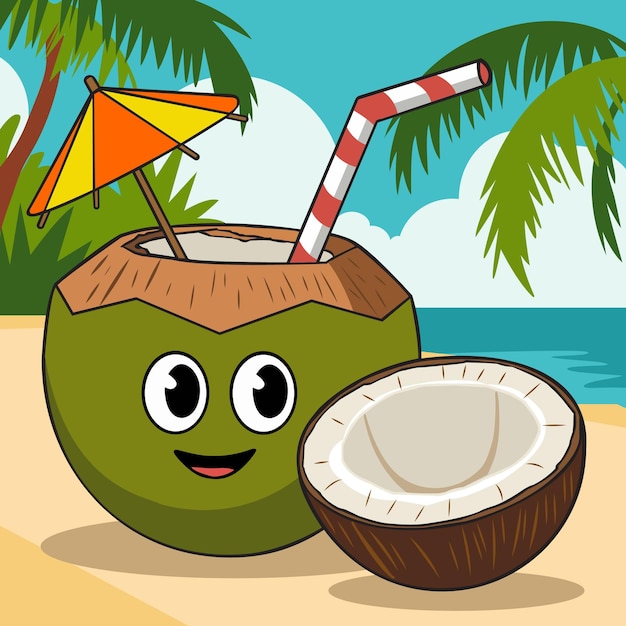 Coco con diseño de ilustración de vista a la playa