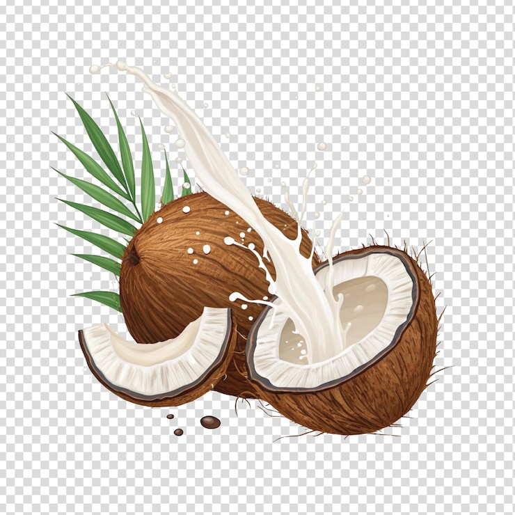 Vector coco fresco entero y segmento con carne blanca de primer plano composición realista con hojas de hoja de palma