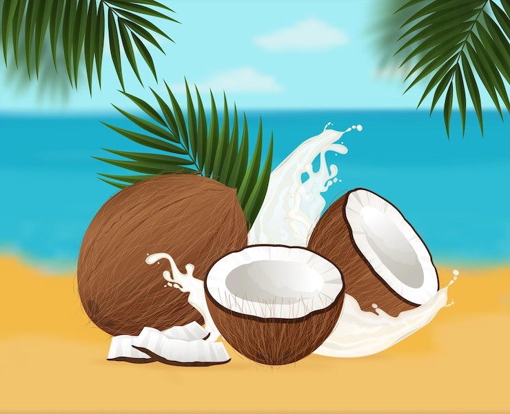 Vector coco fresco salpicando leche en una playa tropical