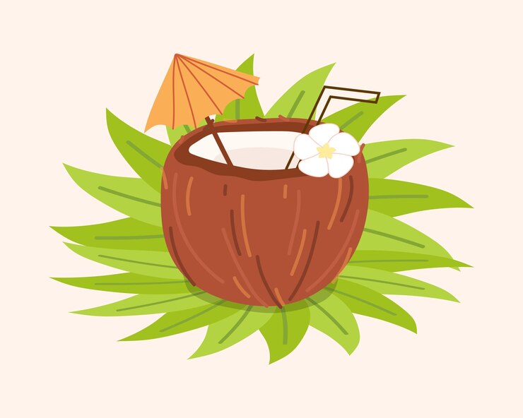 Vector el coco la fruta tropical es el coco los chips de coco el coco creció en una palmera la leche de coco un cóctel artístico una fruta pintada en un vector de estilo plano leche deliciosa