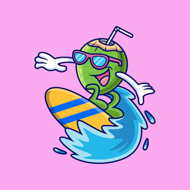 Vector coco jugando a surfear. ilustración de icono de vector de fruta, aislado en vector premium