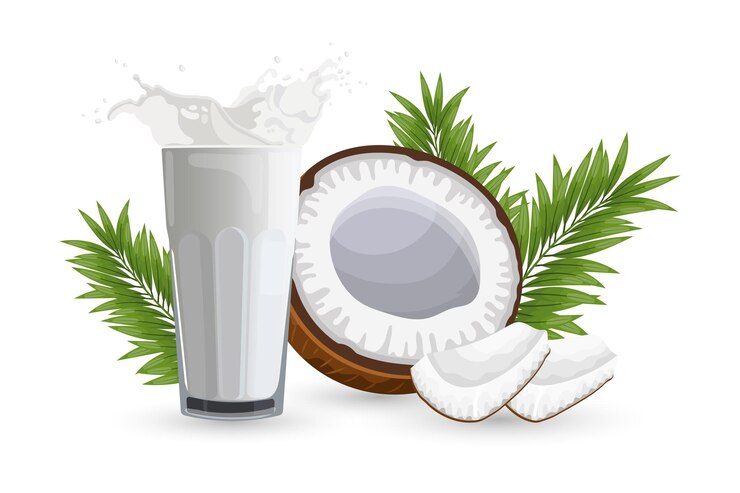 Vector coco medio coco trozos de coco y un vaso de leche con un chorrito sobre un fondo blanco